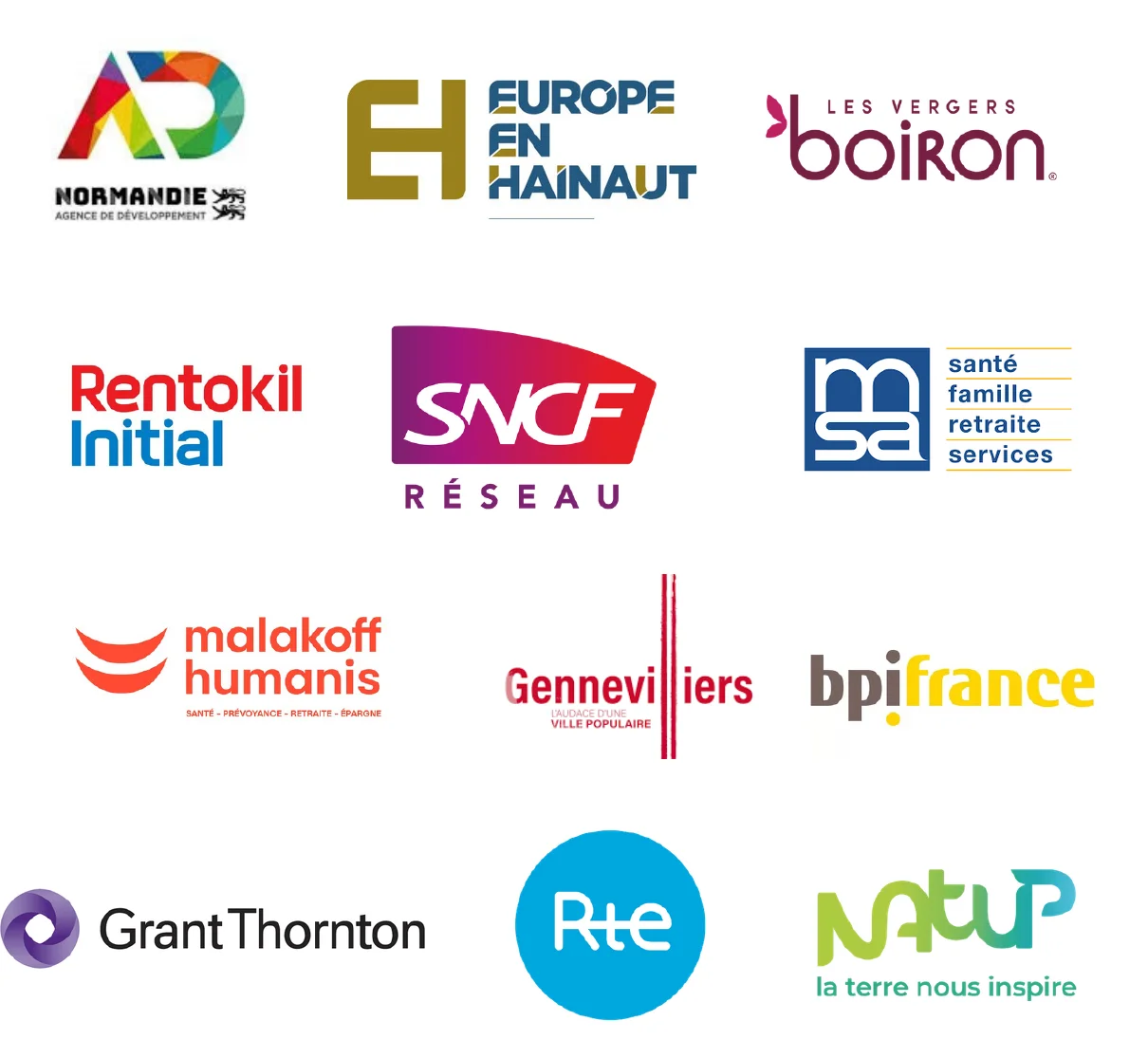 Logos des clients de Studyo : AD Normandie, Europe en Hainaut, Les Vergers Boiron, Rentokil Initial, SNCF Réseau, MSA, Malakoff Humanis, Ville de Gennevilliers, Bpifrance, Grant Thornton, RTE, Natup