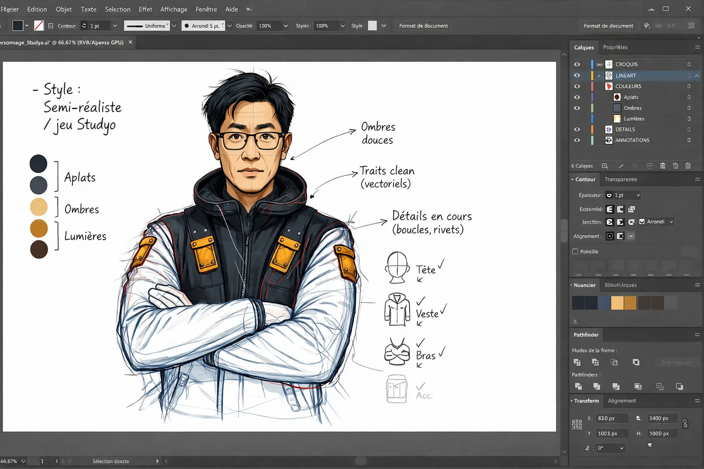 Écran de travail sur un personnage semi-réaliste du serious game Objectif Lune : traits, ombres, détails de costume
