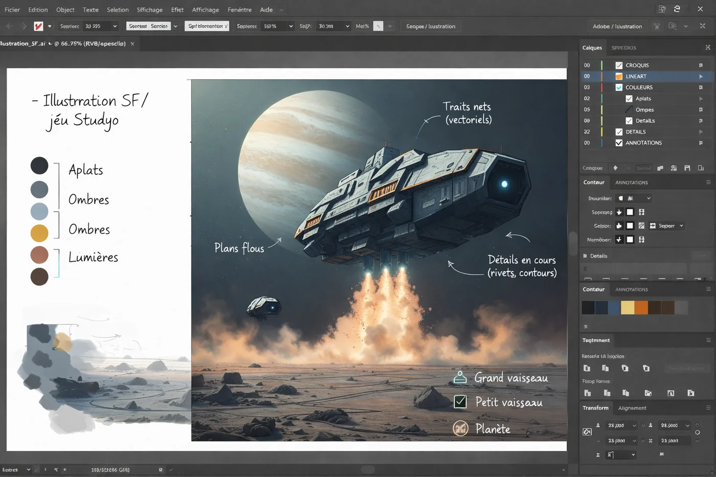 Écran de travail sur l'illustration d'un univers de serious game : décor, vaisseau, plans et lumières