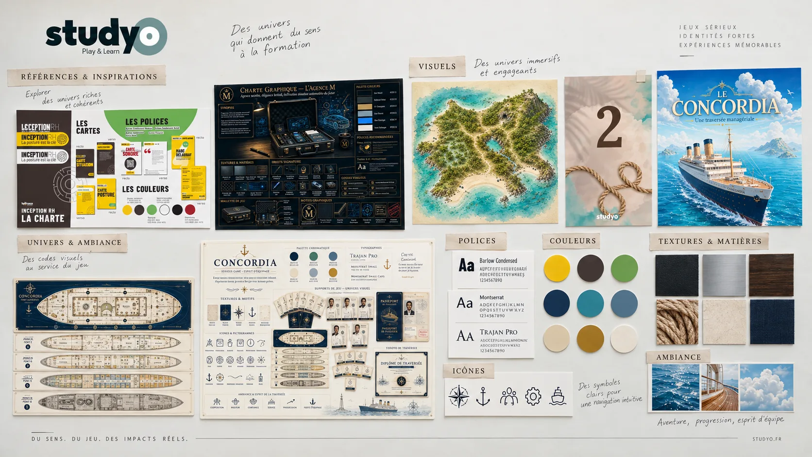 Planche d'univers Studyo : références, palette, polices, couleurs, textures et icônes du Concordia et d'Inception