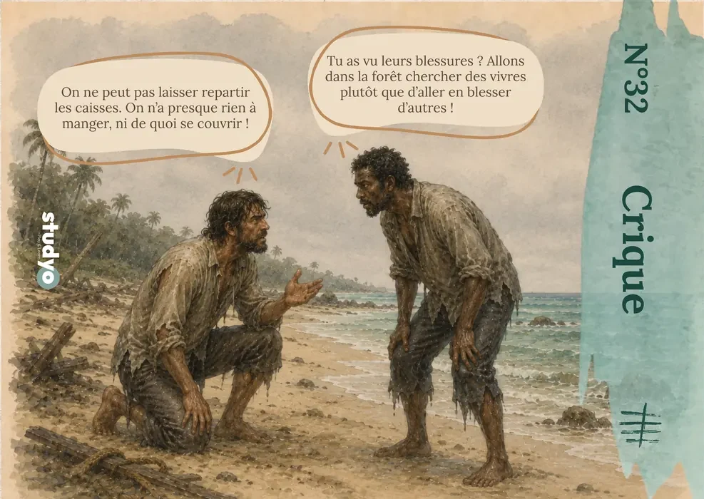 Carte 32 de L'Expédition Robinson : deux naufragés débattent de la décision à prendre