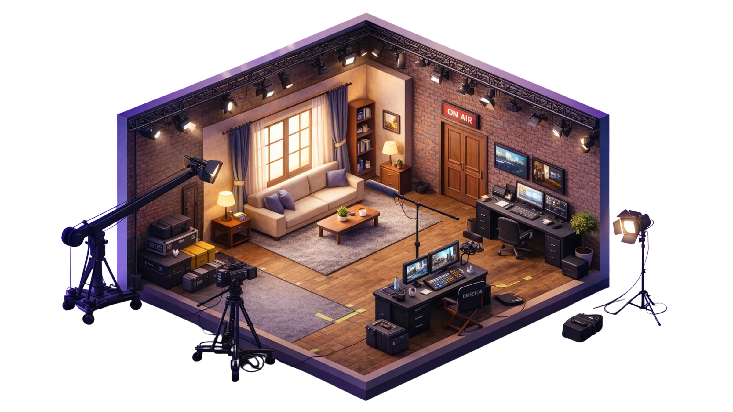 Studio de tournage vidéo Studyo, lieu du casting, en vue isométrique