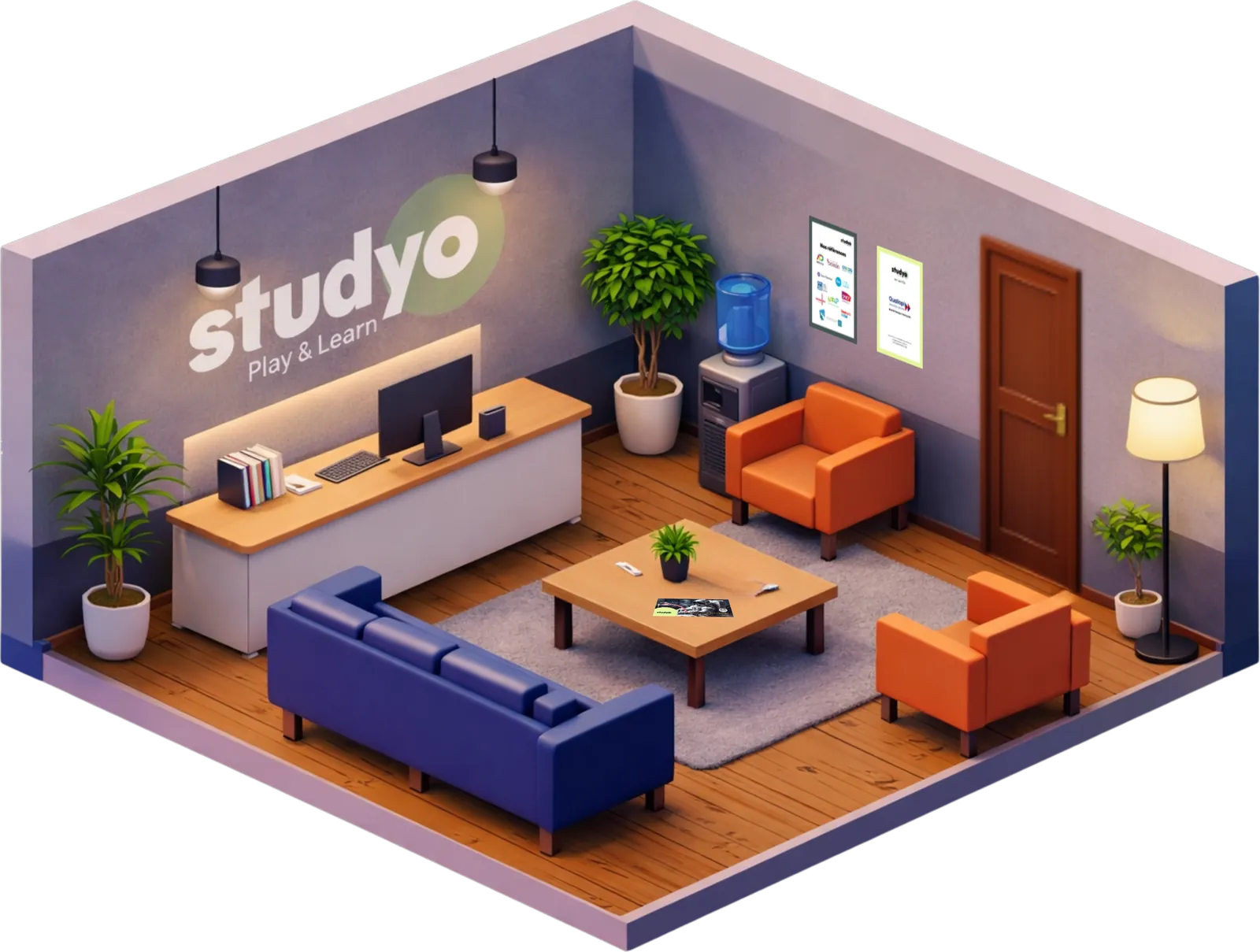 Hall d'accueil, pièce du studio Studyo en vue isométrique