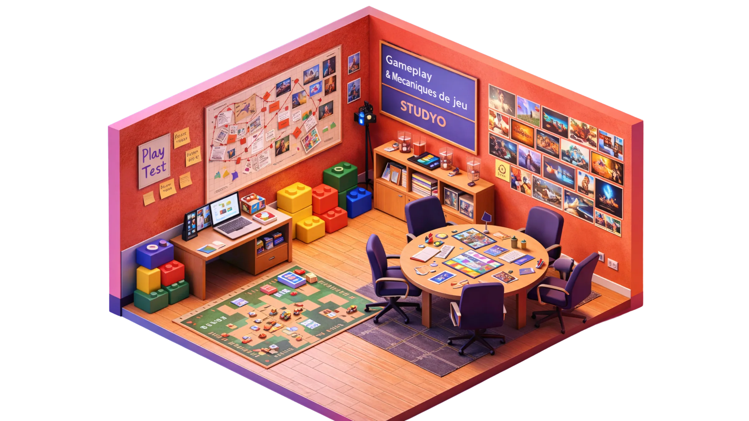 Salle des ateliers LEGO® SERIOUS PLAY® du studio Studyo, en vue isométrique