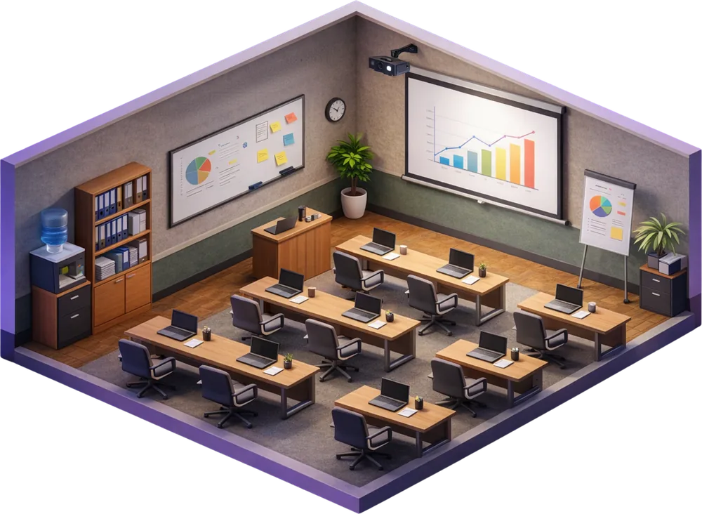 Salles de formation, pièce du studio Studyo en vue isométrique