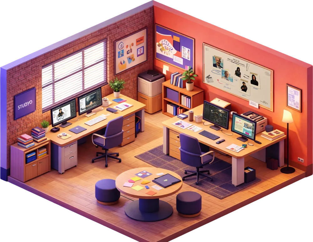 Studio graphique, pièce du studio Studyo en vue isométrique