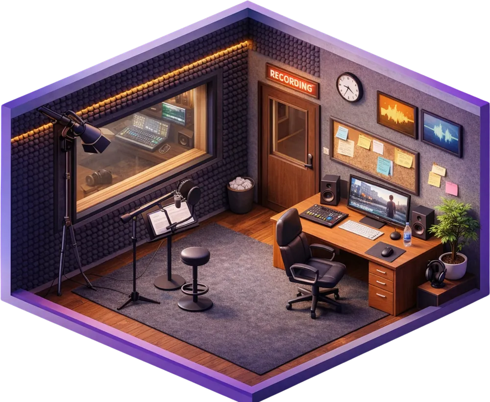 Studio son & IA, pièce du studio Studyo en vue isométrique