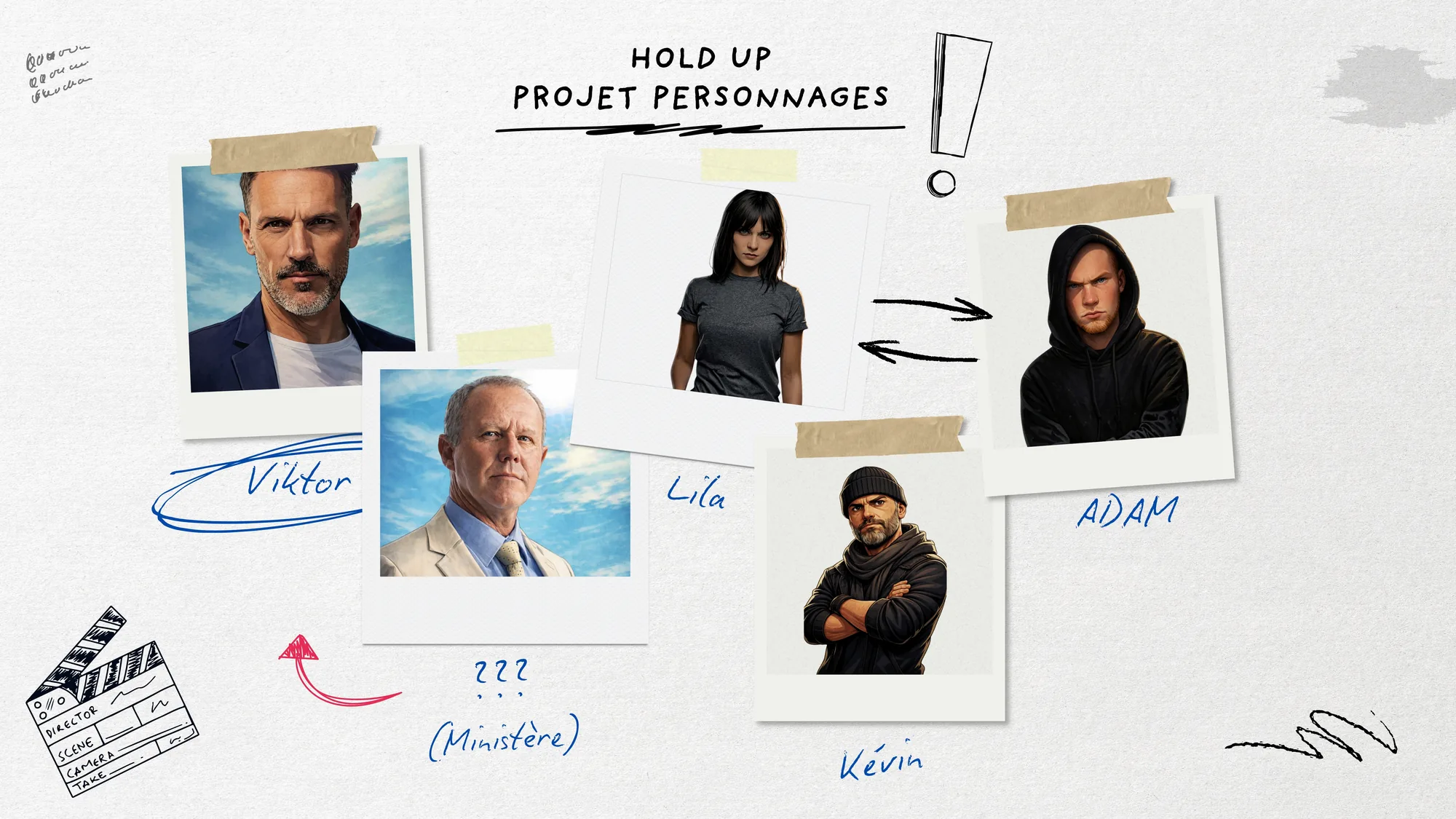 Trombinoscope des personnages du serious game Hold Up : Viktor, Lila, Adam, Kévin et le représentant du ministère